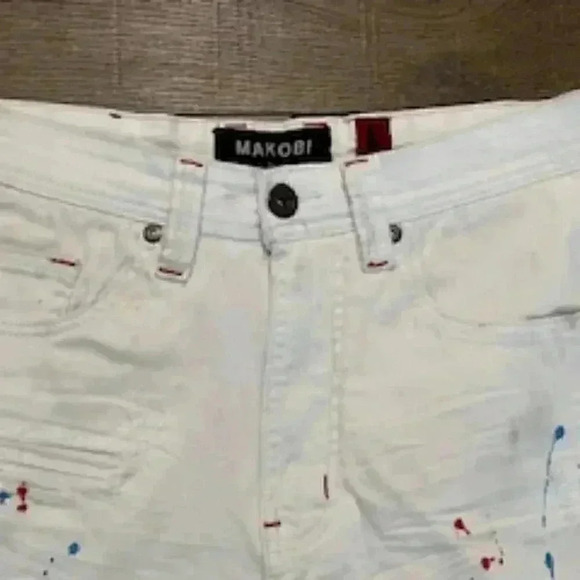 Makobi‎ Distressed Paint Splatter White Denim Jean Shorts Mens Sz 30 EUC - Picture 2 of 11